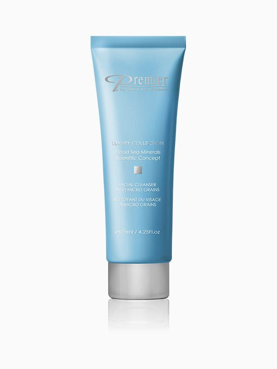 A blue tube of Premier by Dead Sea Classic Luxury Facial Cleanser with Micro Grains.